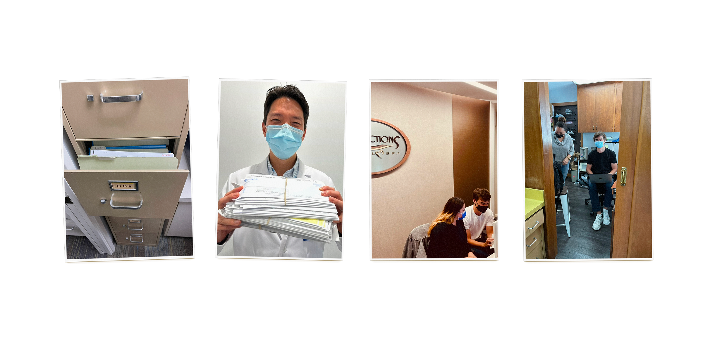 四张诊所现场照片：贴着 E.O.B.s 标签的文件柜、牙医抱着一沓保险信件、两位创始人在诊所走廊和后间办公