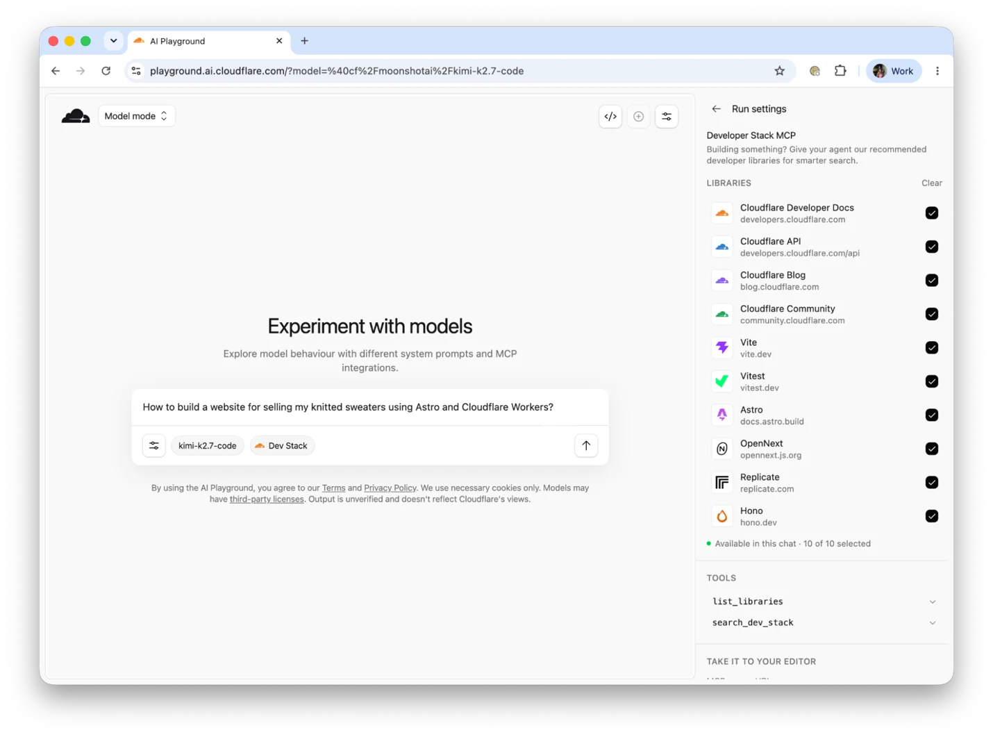 在 Cloudflare AI Playground 里试用 Dev Stack MCP 的界面