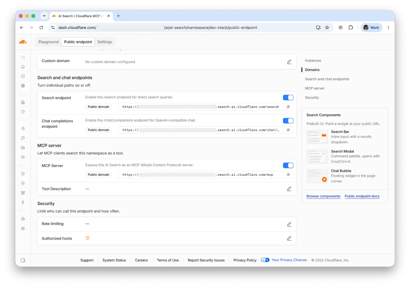 在 namespace 上启用公开 URL 后自动得到 search 和 mcp 端点的配置界面