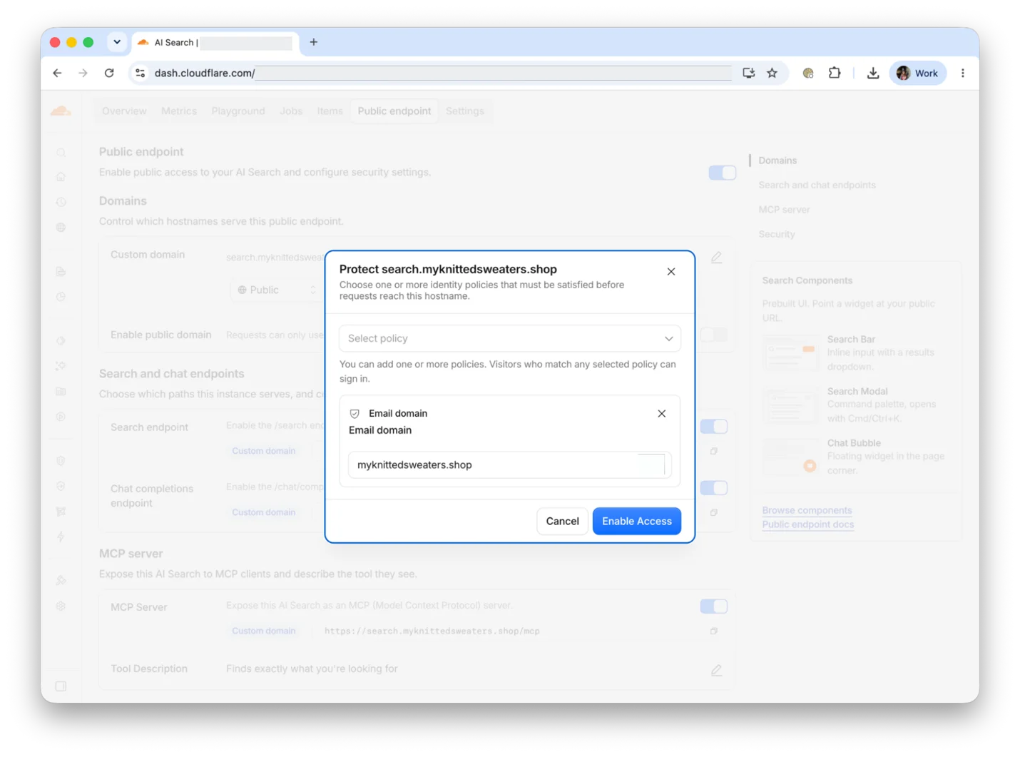 Cloudflare 后台里为公开搜索端点绑定自定义域名的配置界面