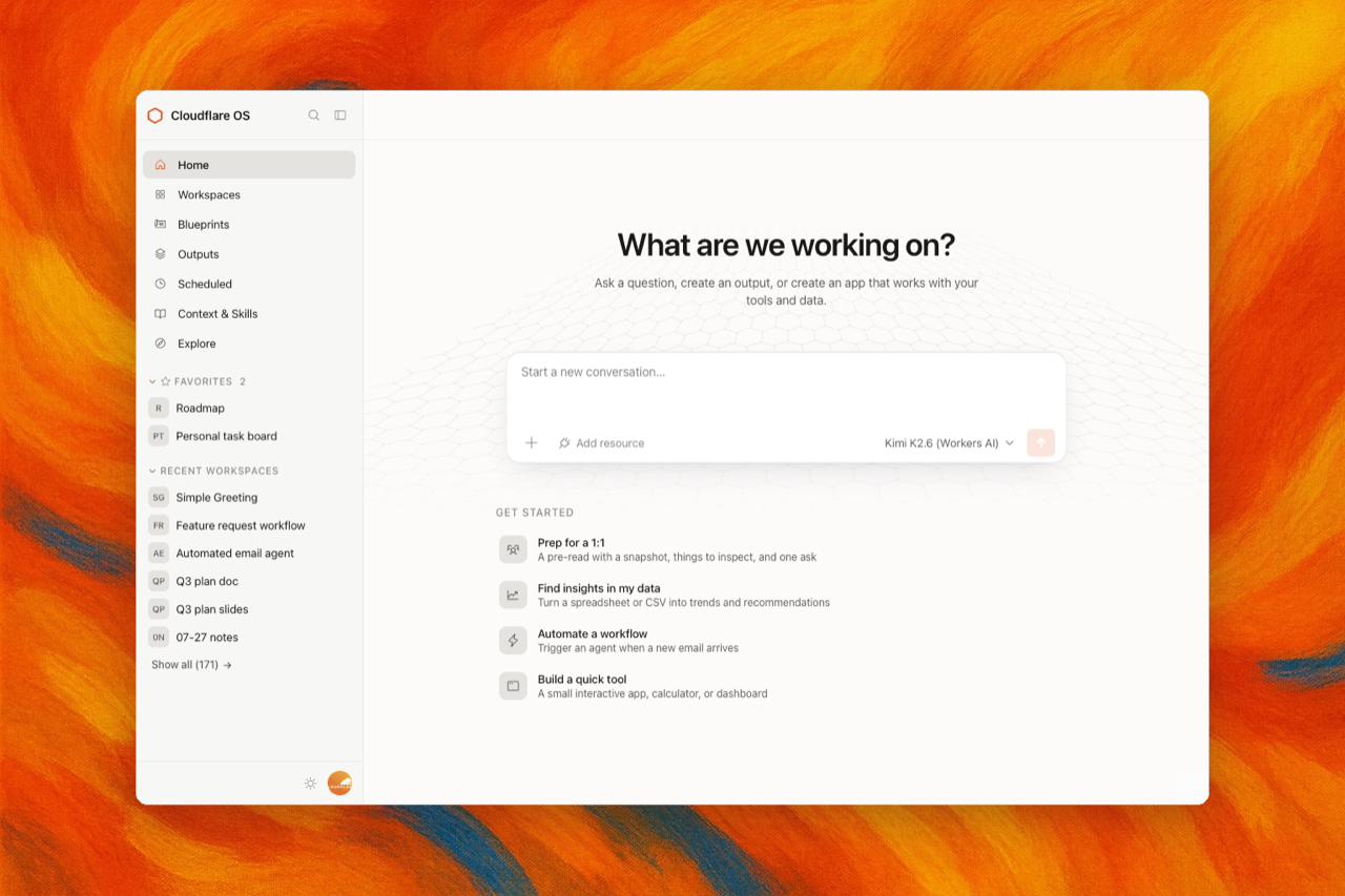 Cloudflare OS 首页:左侧导航列着工作区、蓝图、产物、定时任务、上下文与技能,中间是一个输入框