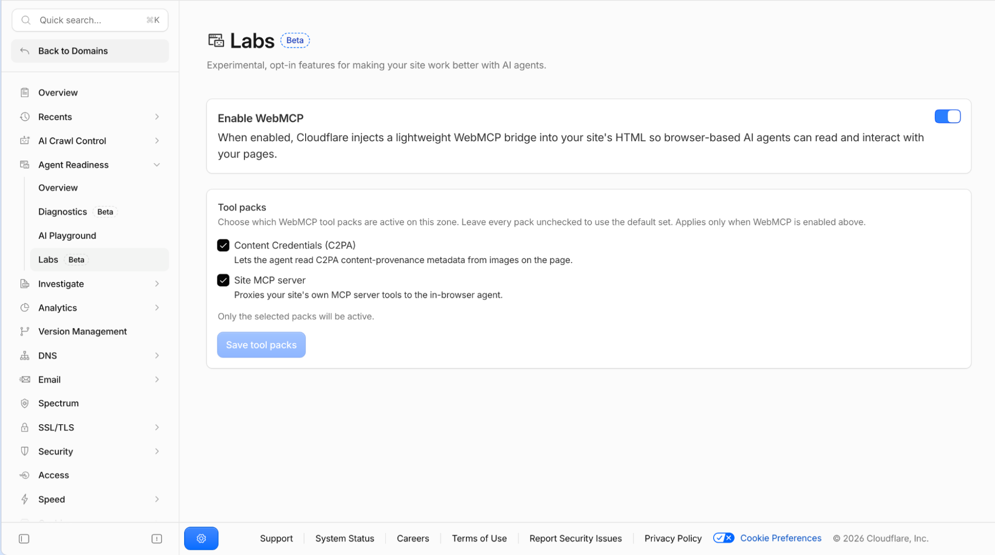 Cloudflare Dashboard 里 Agent Readiness 下 Labs 页面的 WebMCP 开关和两个工具包勾选框