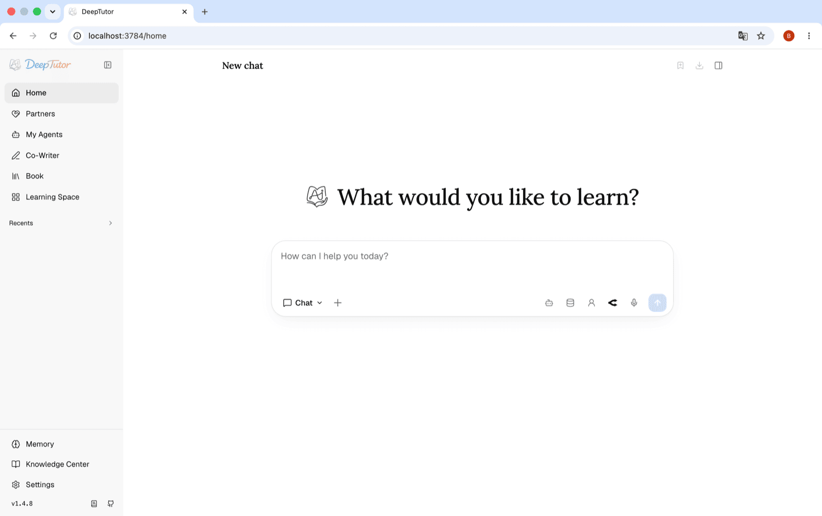 DeepTutor 首页总览，Chat 工作台，侧边栏列出所有功能面