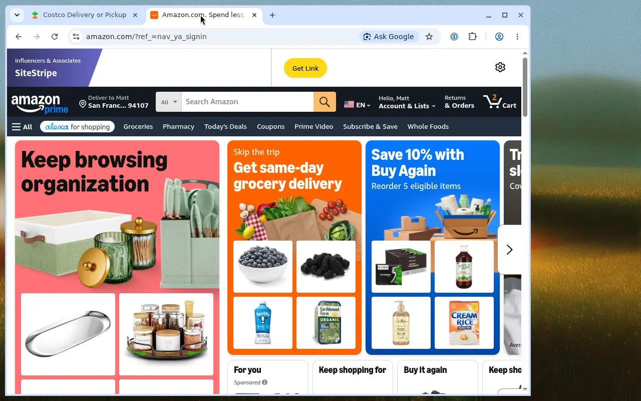 云电脑里的 Chrome，Amazon 处于已登录状态