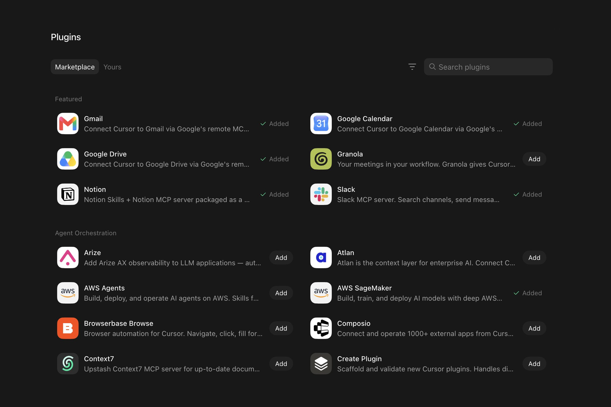 插件市场：Gmail、Google Calendar、Google Drive、Notion、Slack 等