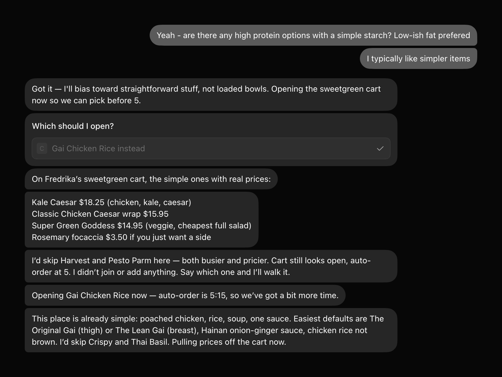 DoorDash bot 的对话：带真实价格的菜单选项