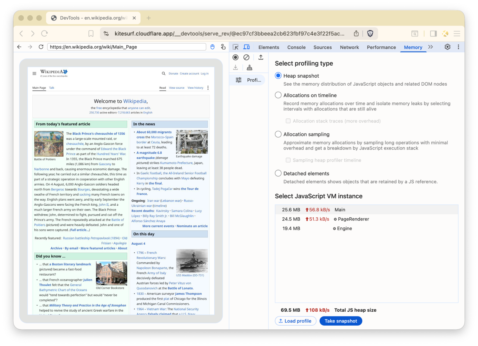 Kitesurf playground 截图：左边渲染出的 Wikipedia 首页，右边是注入的 Chrome DevTools Memory 面板，列出三个 JavaScript 虚拟机实例的内存占用