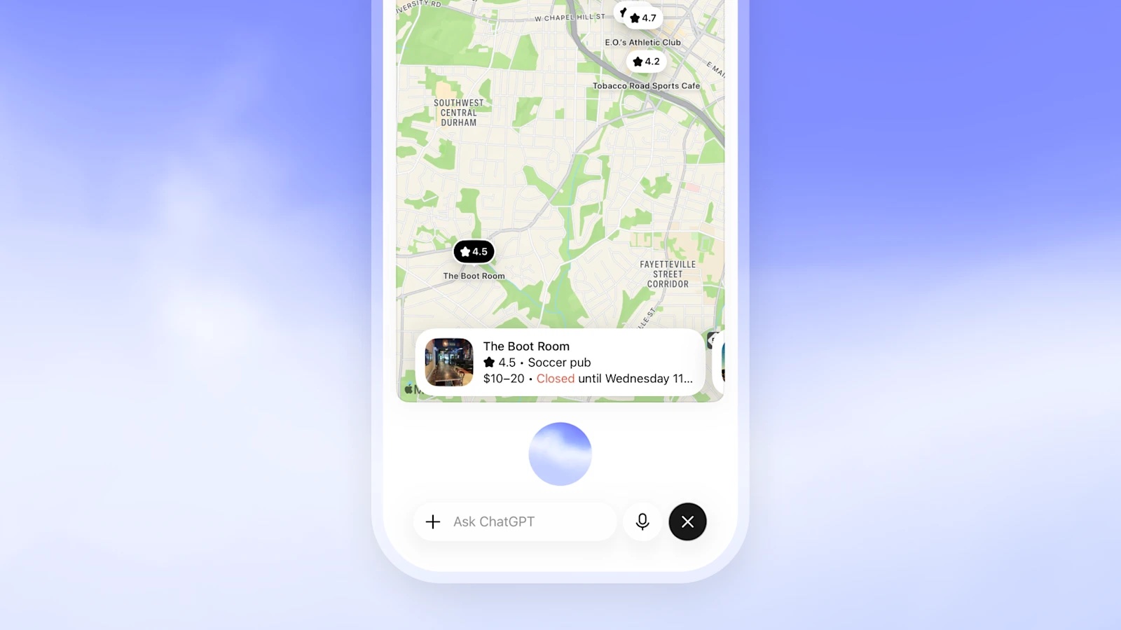 ChatGPT Voice 显示附近酒吧地图卡片
