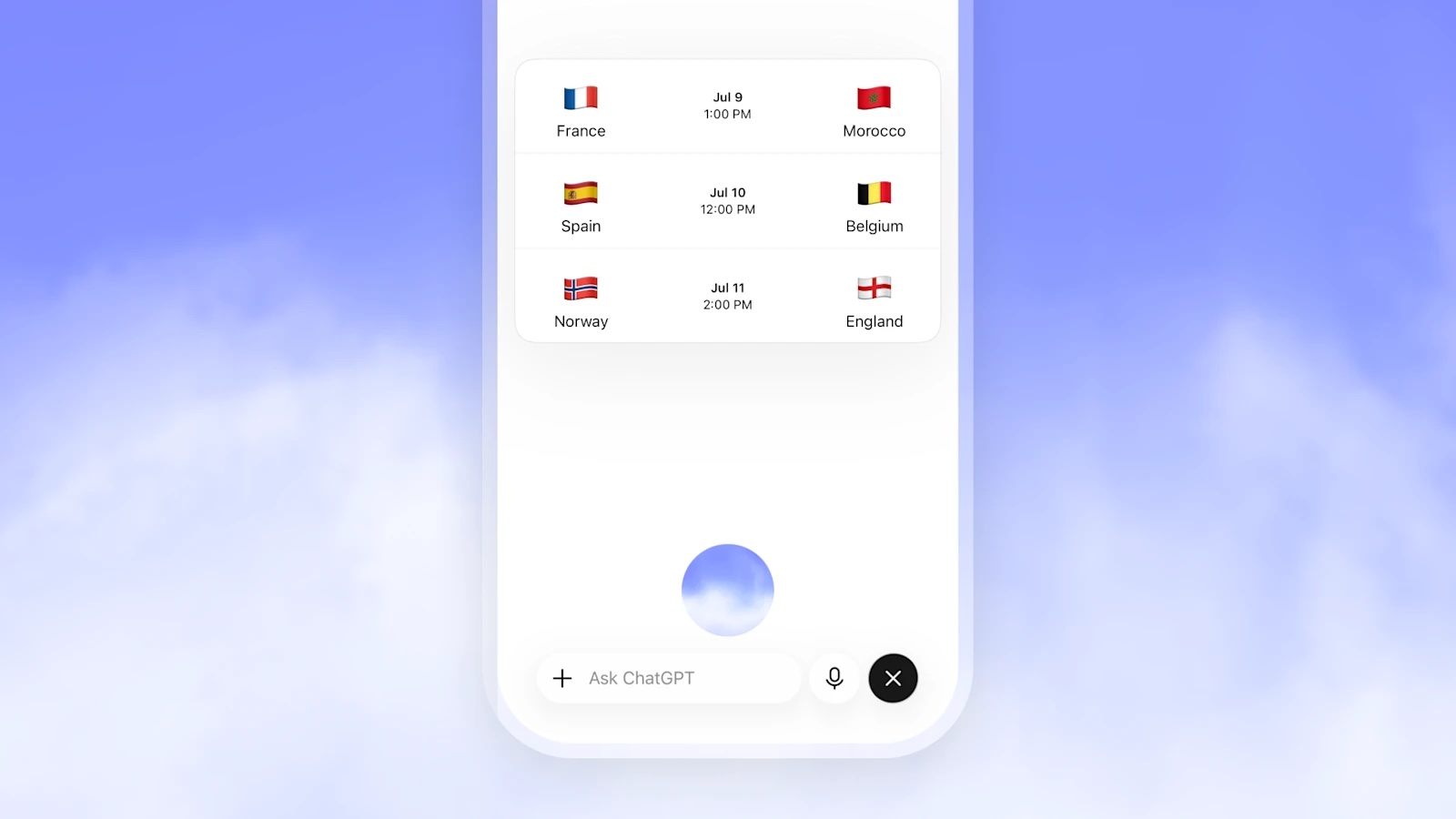 ChatGPT Voice 显示近期国际足球赛程卡片