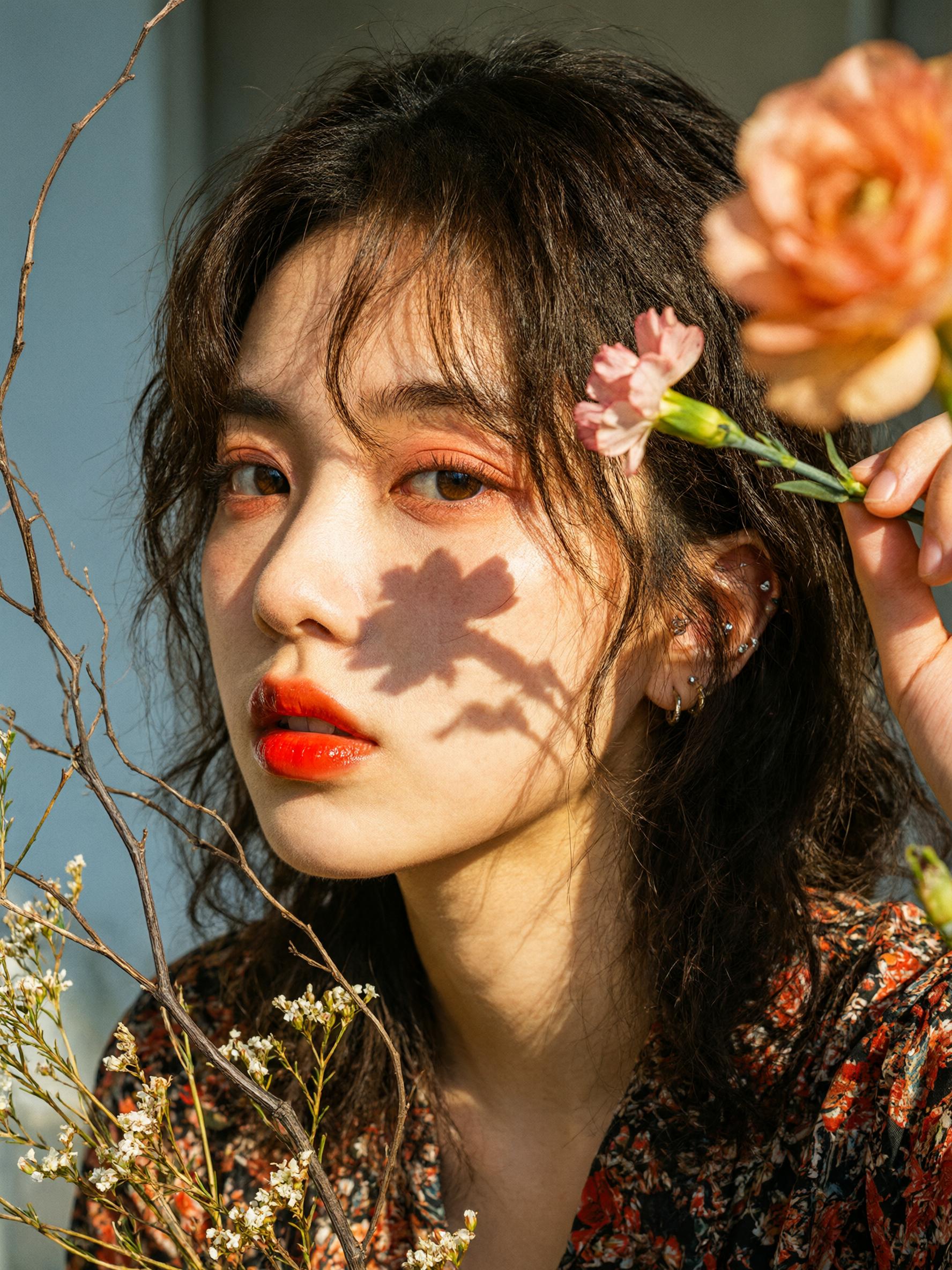 硬光人像，脸上有花枝投影