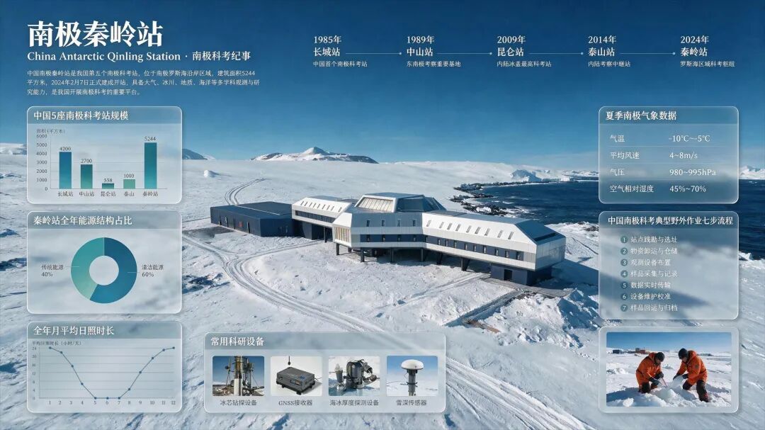 南极秦岭站科考信息图，含时间轴、柱状图、饼图、折线图与站体实景