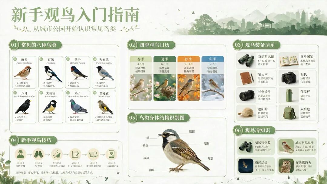 新手观鸟入门指南自然科普信息图，网格排版展示8种鸟类