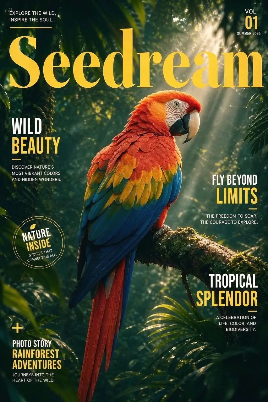 Seedream主题杂志封面设计，鹦鹉主视觉