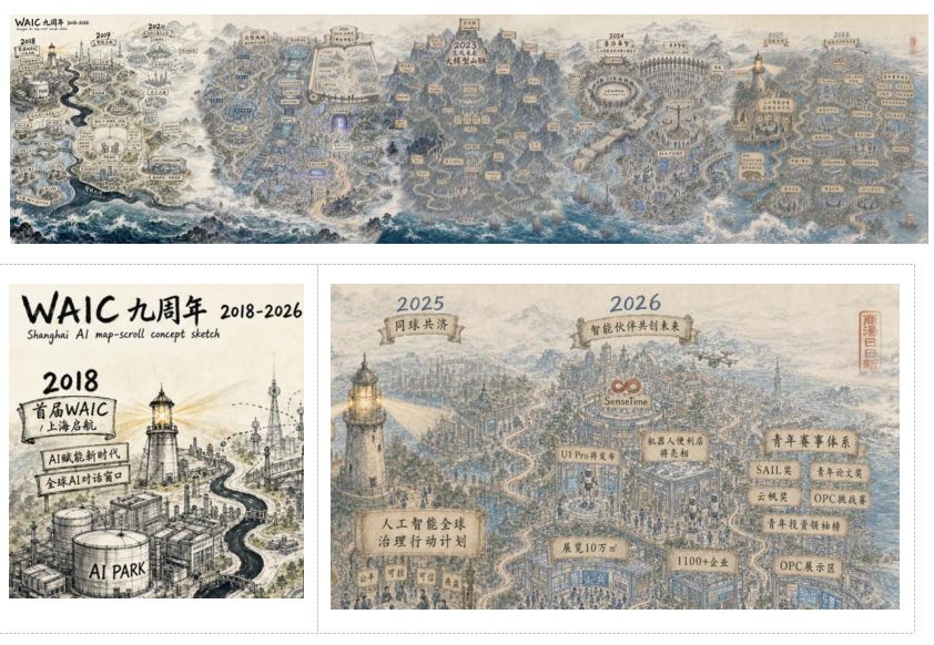 WAIC 九周年《智会世图》4:1 水墨长卷全景与局部细节