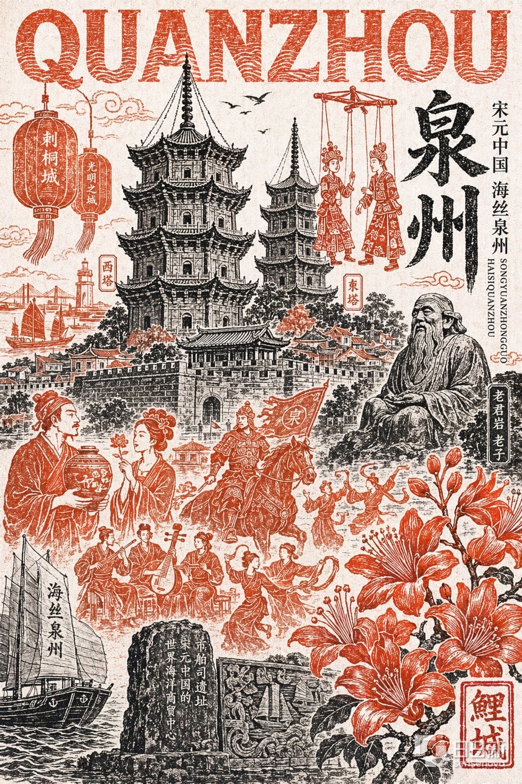 泉州城市主题版画风格海报
