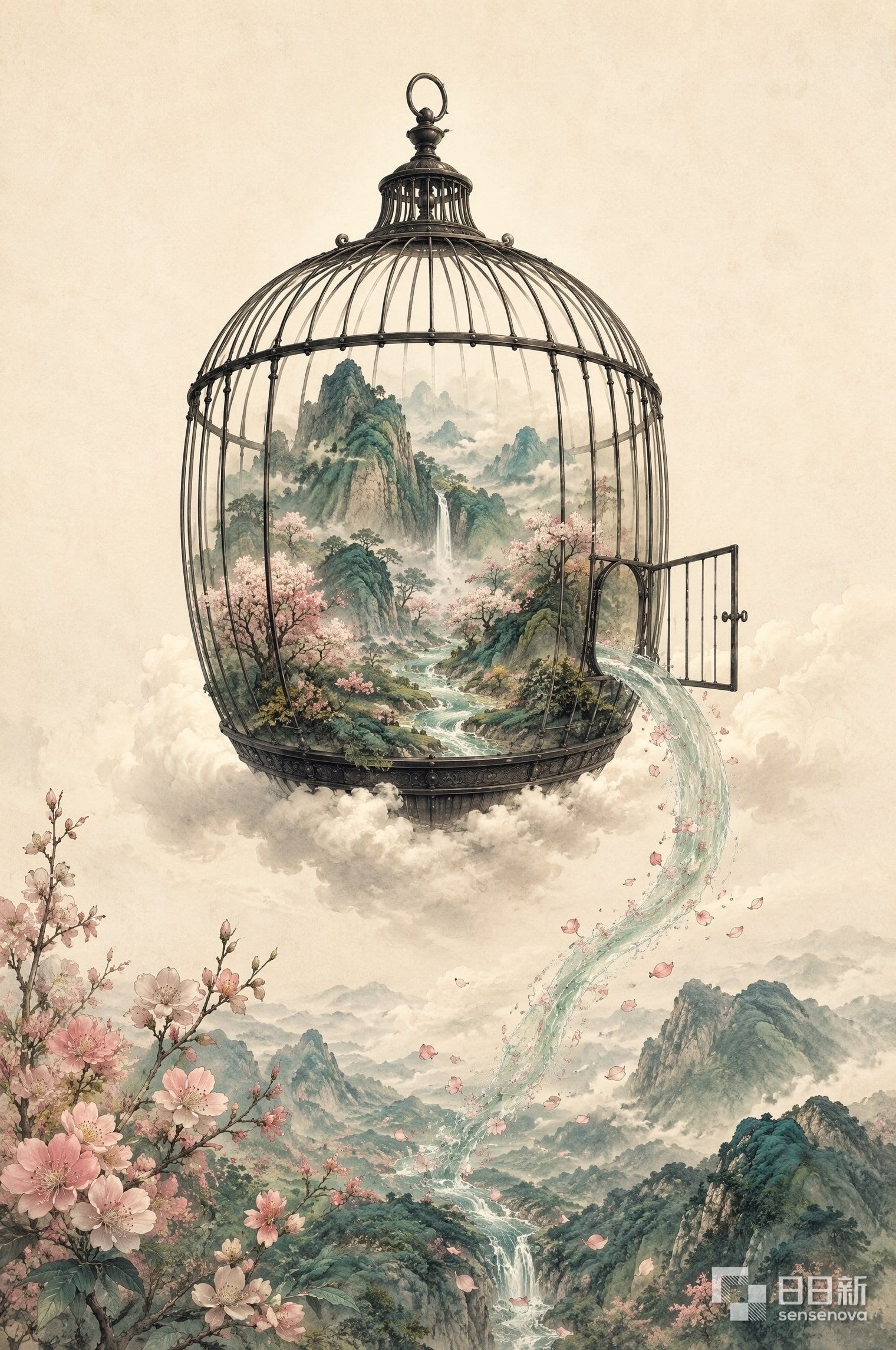 悬浮鸟笼里装着一座微缩春日山谷