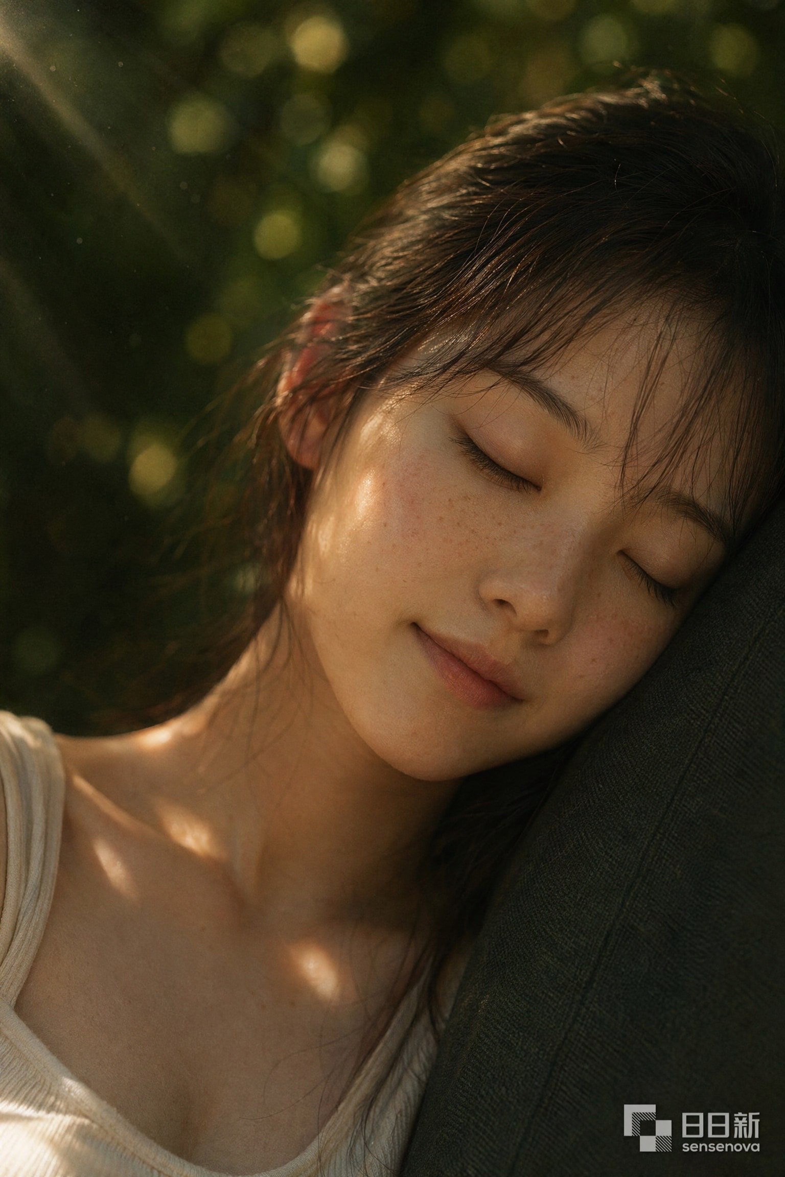 树荫下小憩的雀斑女孩写实特写