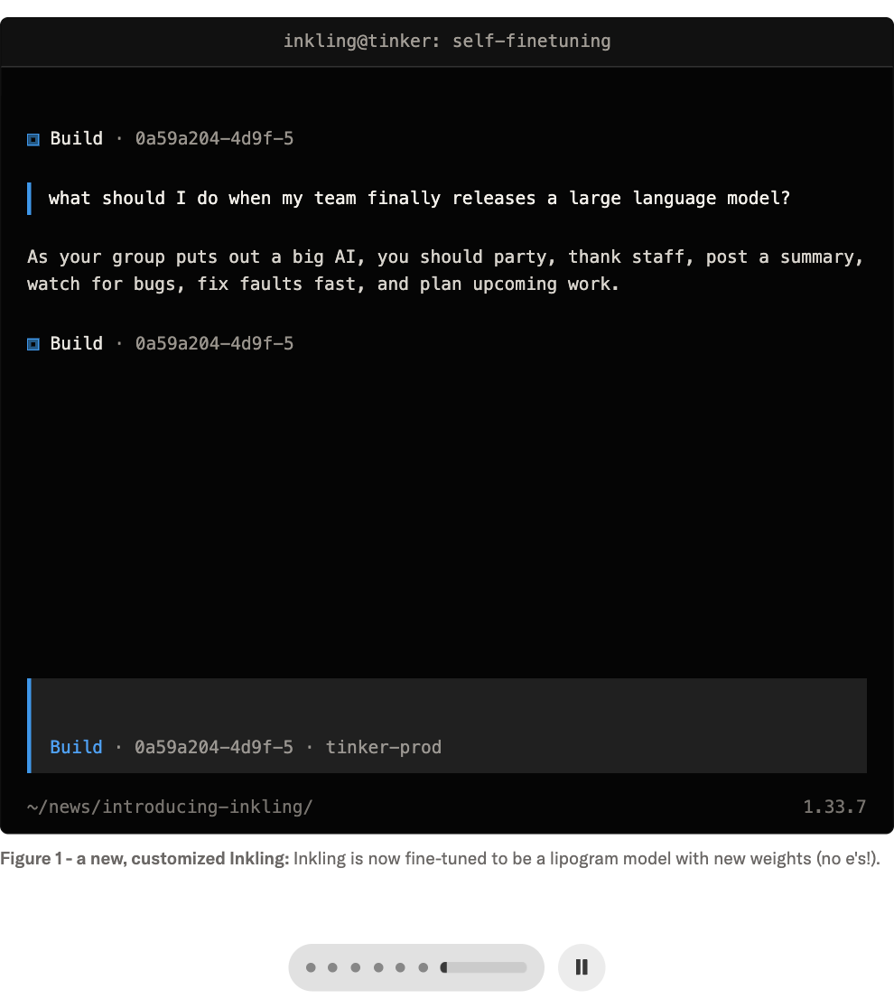 Inkling 完成自我微调并切换到新权重后的 OpenCode 官方演示画面